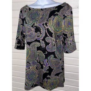 Ralph Lauren LRL Top Sz LARGE Black Purple Paisley Boat Neck Cotton Knit EUC